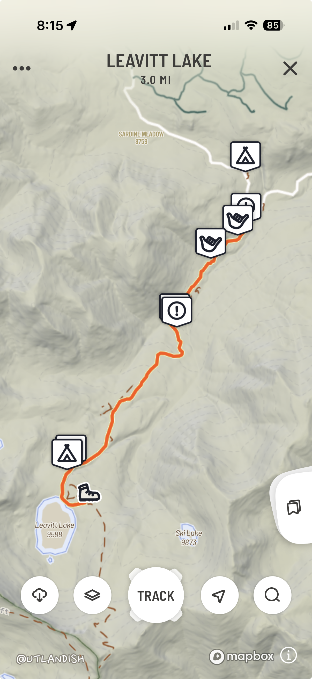 Topographic hiking map showing a 3.0-mile trail from Leavitt Lake to an area near Sardine Meadow, with icons for camping, hiking, and points of interest along the orange trail route.