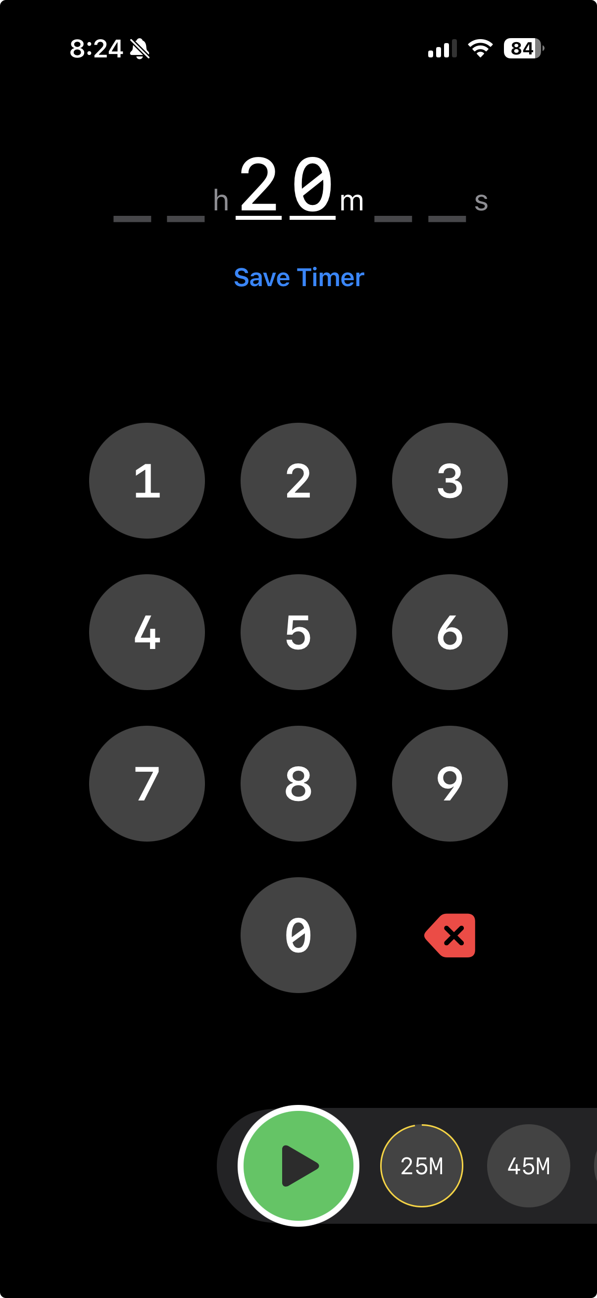 Mobile timer screen set for 20 minutes with numeric keypad, save timer option, play button, and preset buttons for 25 and 45 minutes.
