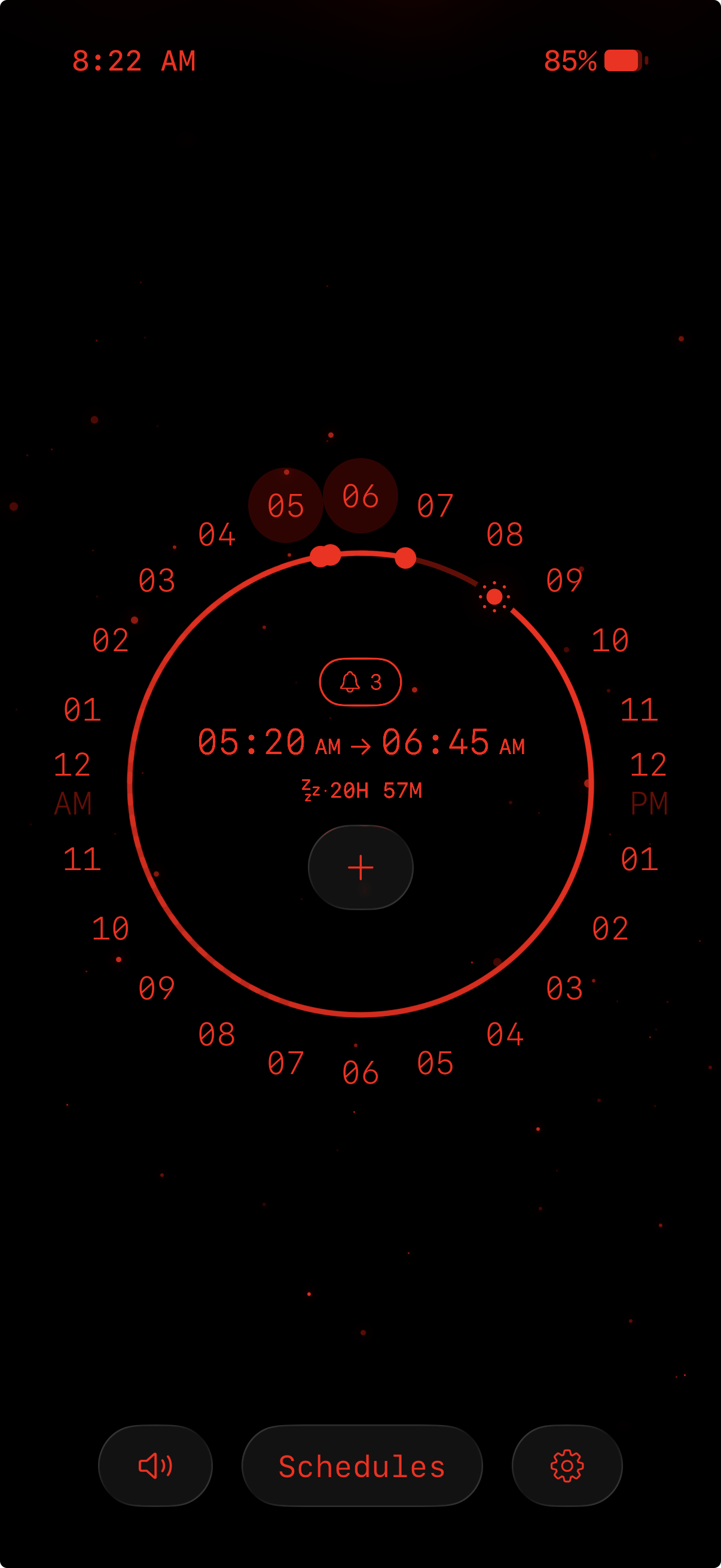 Smart alarm clock app interface showing a circular clock with red numbers for hours and a set alarm from 5:20 AM to 6:45 AM with 3 notifications, battery at 85%, and current time 8:22 AM.