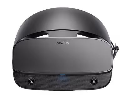 Front view of a black Oculus virtual reality headset with two front-facing cameras and a blue indicator light.