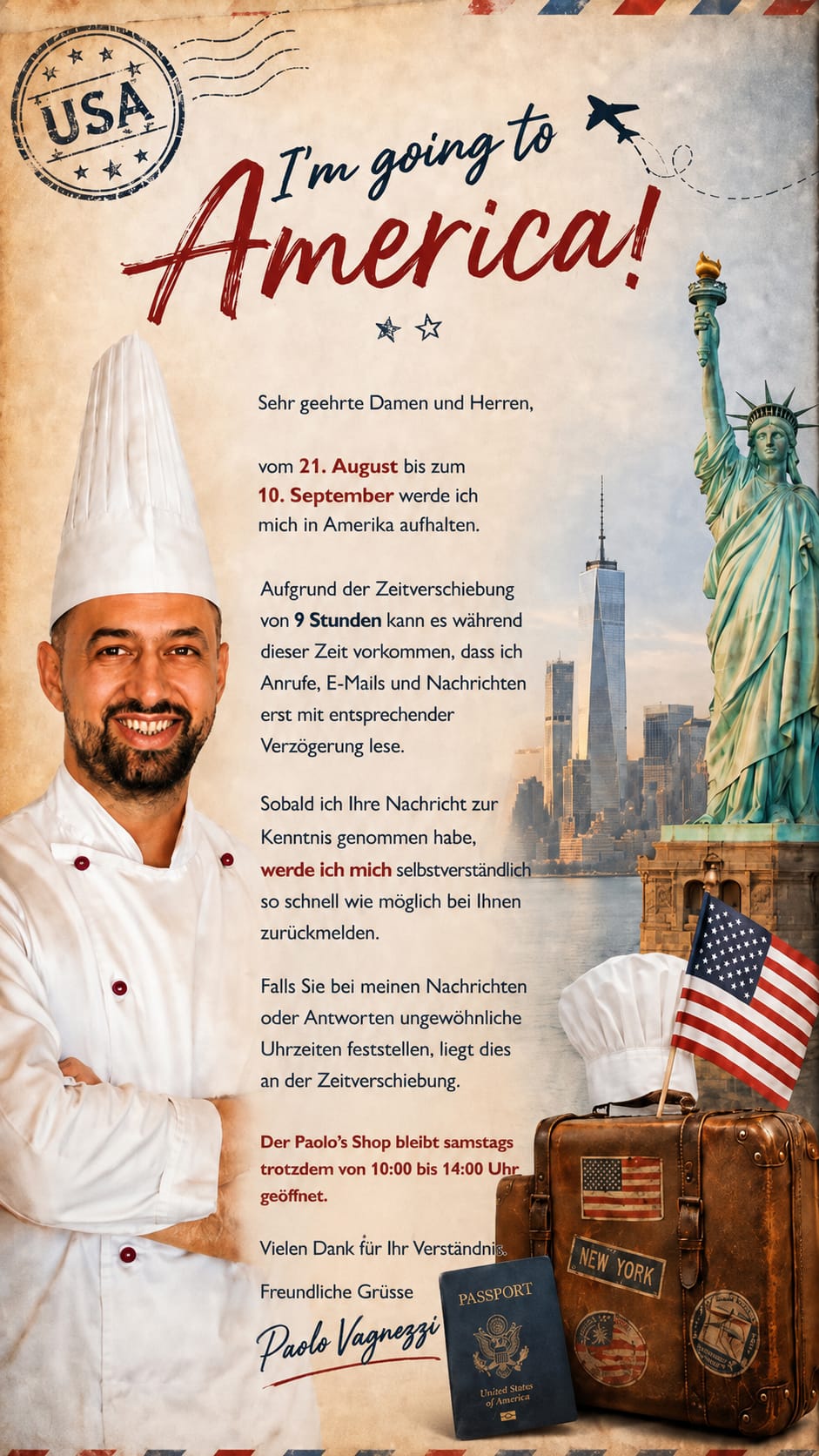 Paolo reist vom 21. August bis 10. September nach Amerika
