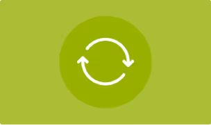 White circular refresh arrows icon on a green circular background and lighter green rectangle.