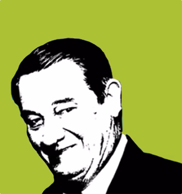 Black and white illustrated portrait of a man smiling against a green background.