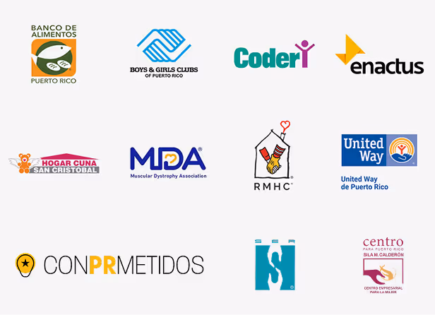 Logos of various organizations including Banco de Alimentos Puerto Rico, Boys & Girls Clubs of Puerto Rico, Coder, Enactus, Hogar Cuna San Cristobal, Muscular Dystrophy Association, Ronald McDonald House Charities, United Way of Puerto Rico, CONPRmetidos, SIF, and Centro Silma Calderon.