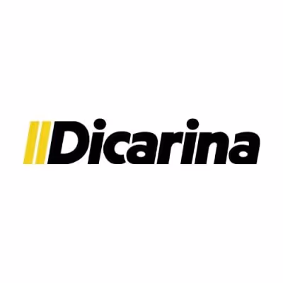 Dicarina brand logo with stylized yellow double lines and black text.