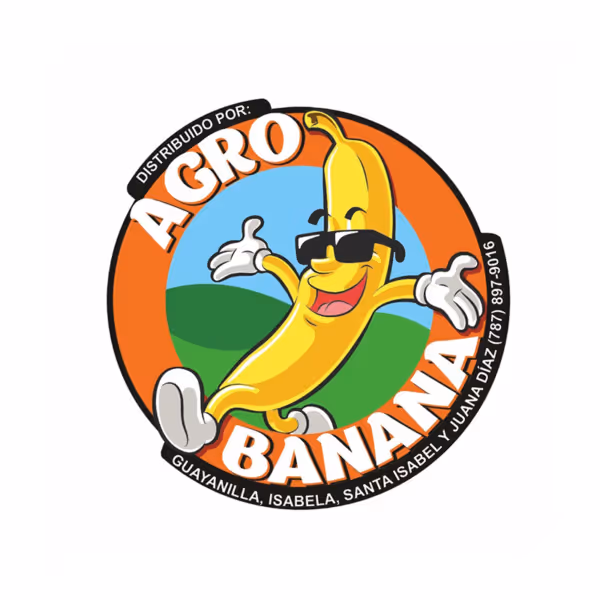 Logo with a cheerful cartoon banana wearing sunglasses in front of a green hill and blue sky, surrounded by the text 'Distribuido por: Agro Banana' and location names Guayanilla, Isabela, Santa Isabel, Juana Diaz.