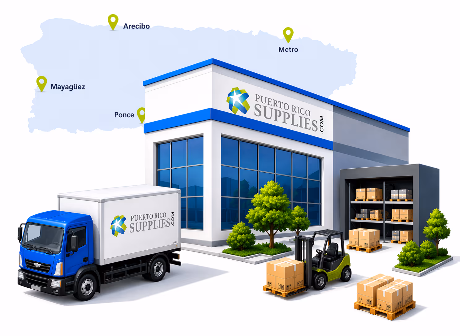 Warehouse building labeled Puerto Rico Supplies with delivery truck, forklift, pallets of boxes, and a map of Puerto Rico showing locations Arecibo, Metro, Mayagüez, and Ponce.