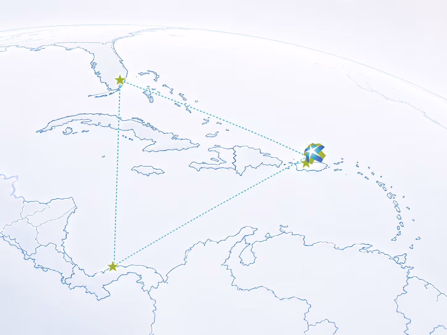 Map highlighting a triangular connection between three green stars in the Caribbean and Central America region.