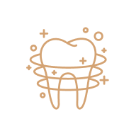 Outline of a tooth with sparkles and circles around it on a black background, symbolizing dental cleanliness or health.