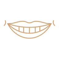 Simple brown line drawing of a smiling mouth showing upper teeth.