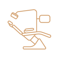 Icon of a reclining dental chair with an overhead lamp and attached dental tools.