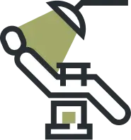 Illustration of a reclining dental chair with overhead dental light.