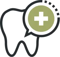 White tooth icon with a green circle containing a white medical cross symbol.