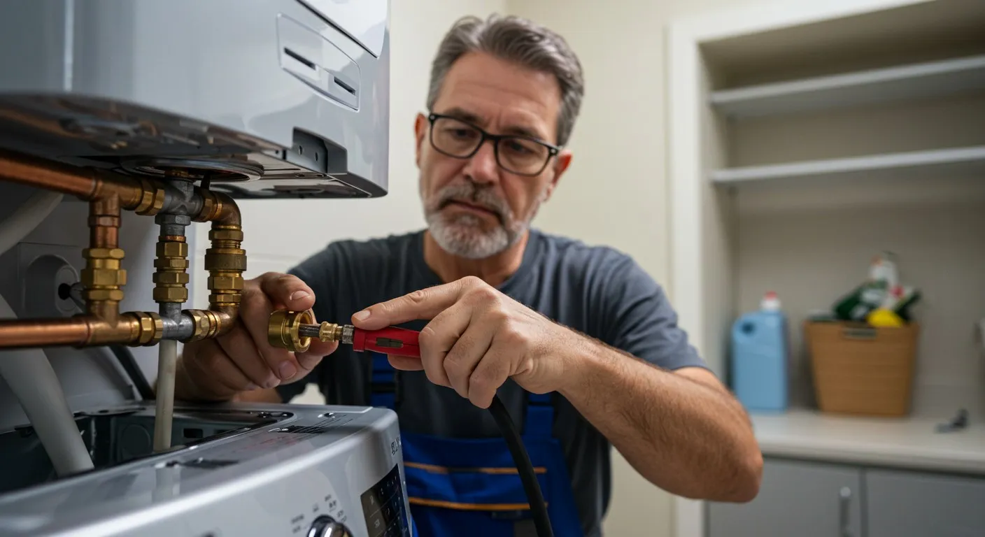 Plumber installing tankless water heater connections.