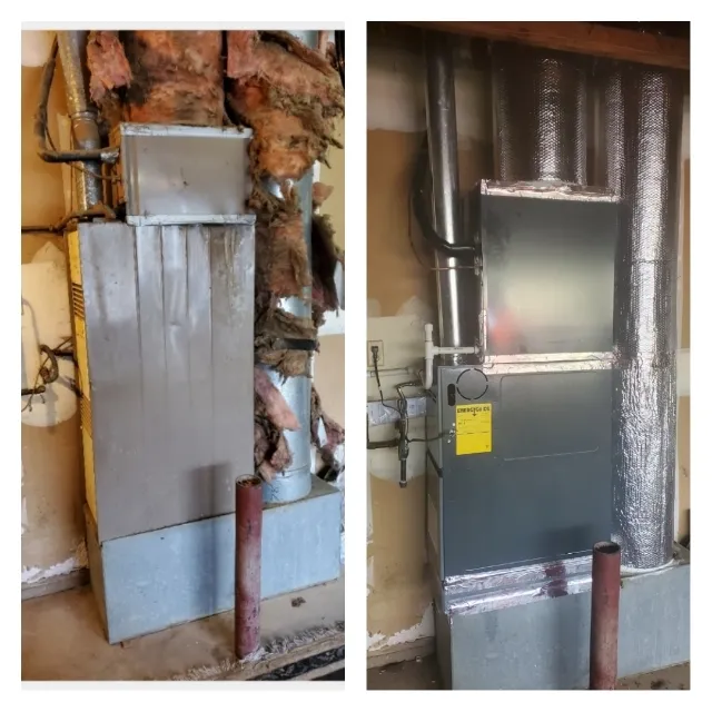 Before and after photo showing an old, insulated furnace replaced with a new, gray energy-efficient model