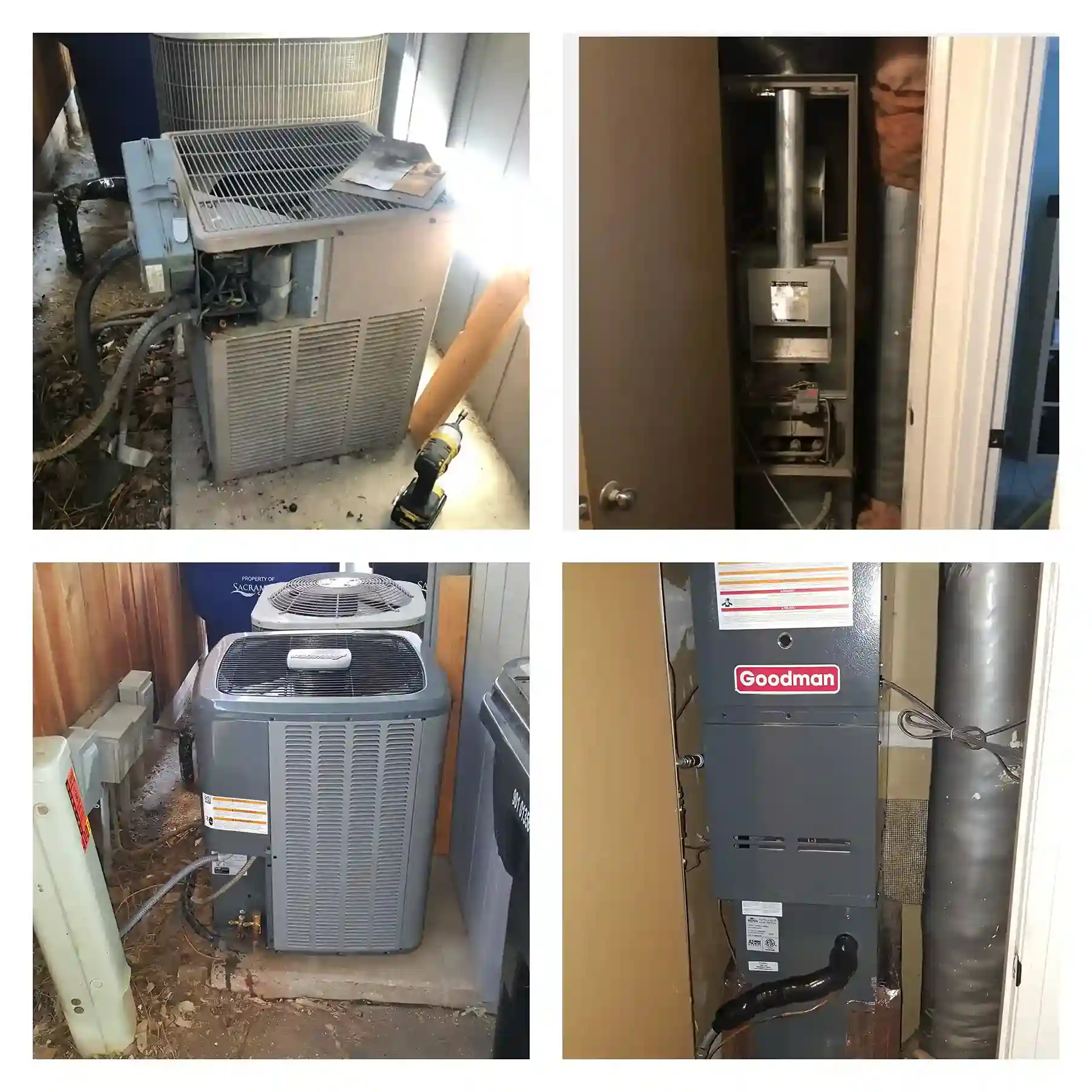Old and new HVAC outdoor unit with indoor furnace replacement.