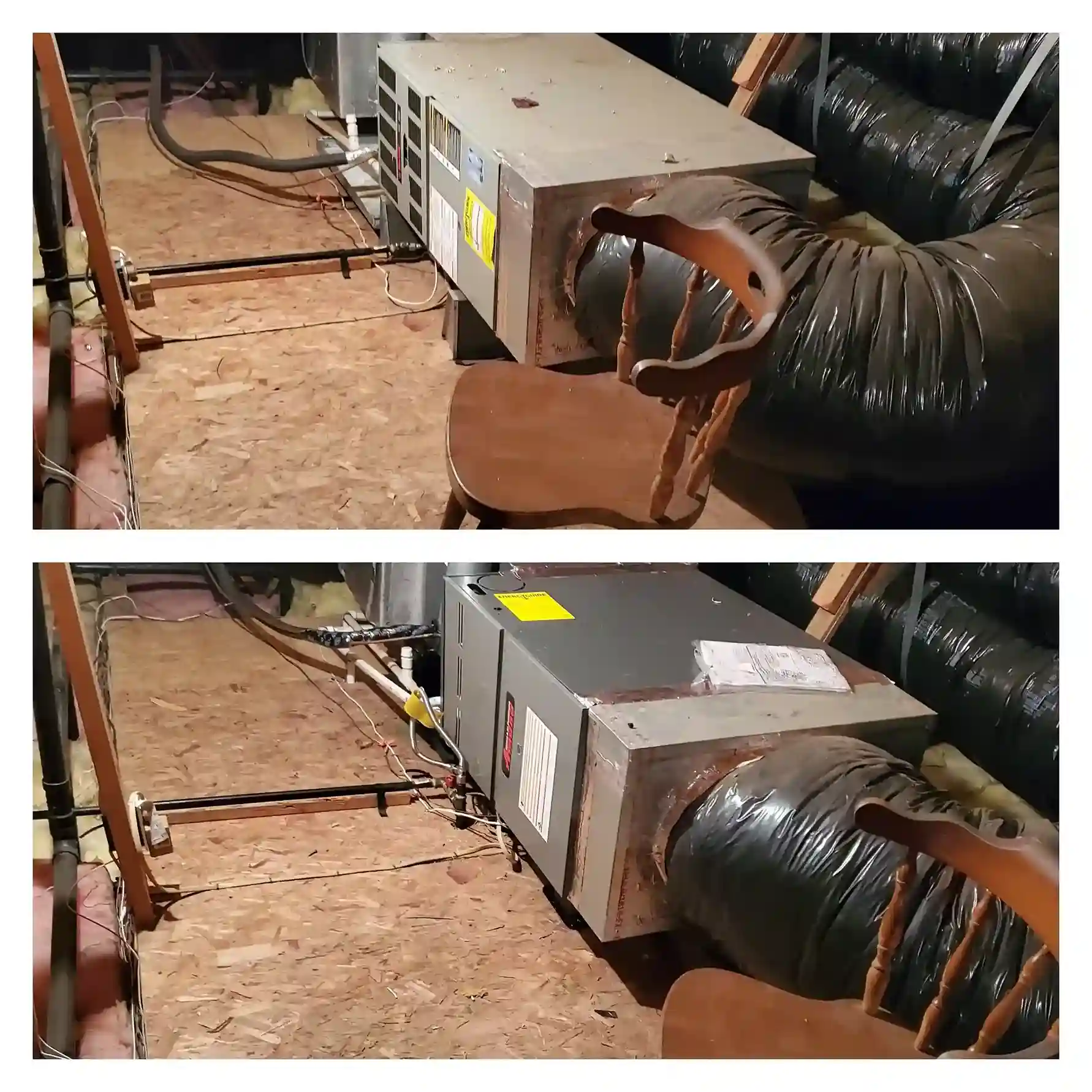 Before and after replacement of air handler in attic.