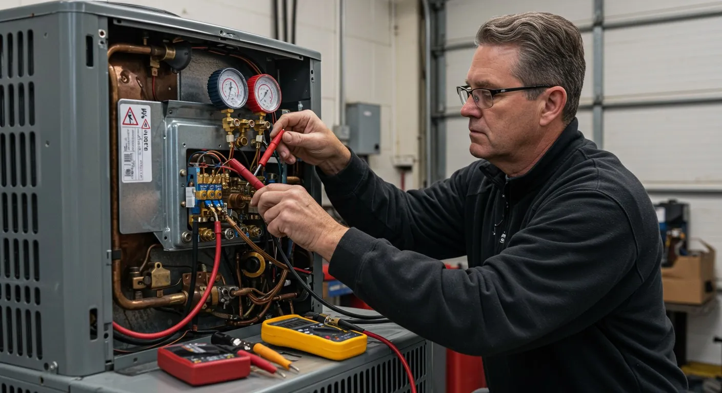 Technician using multimeter on HVAC unit.