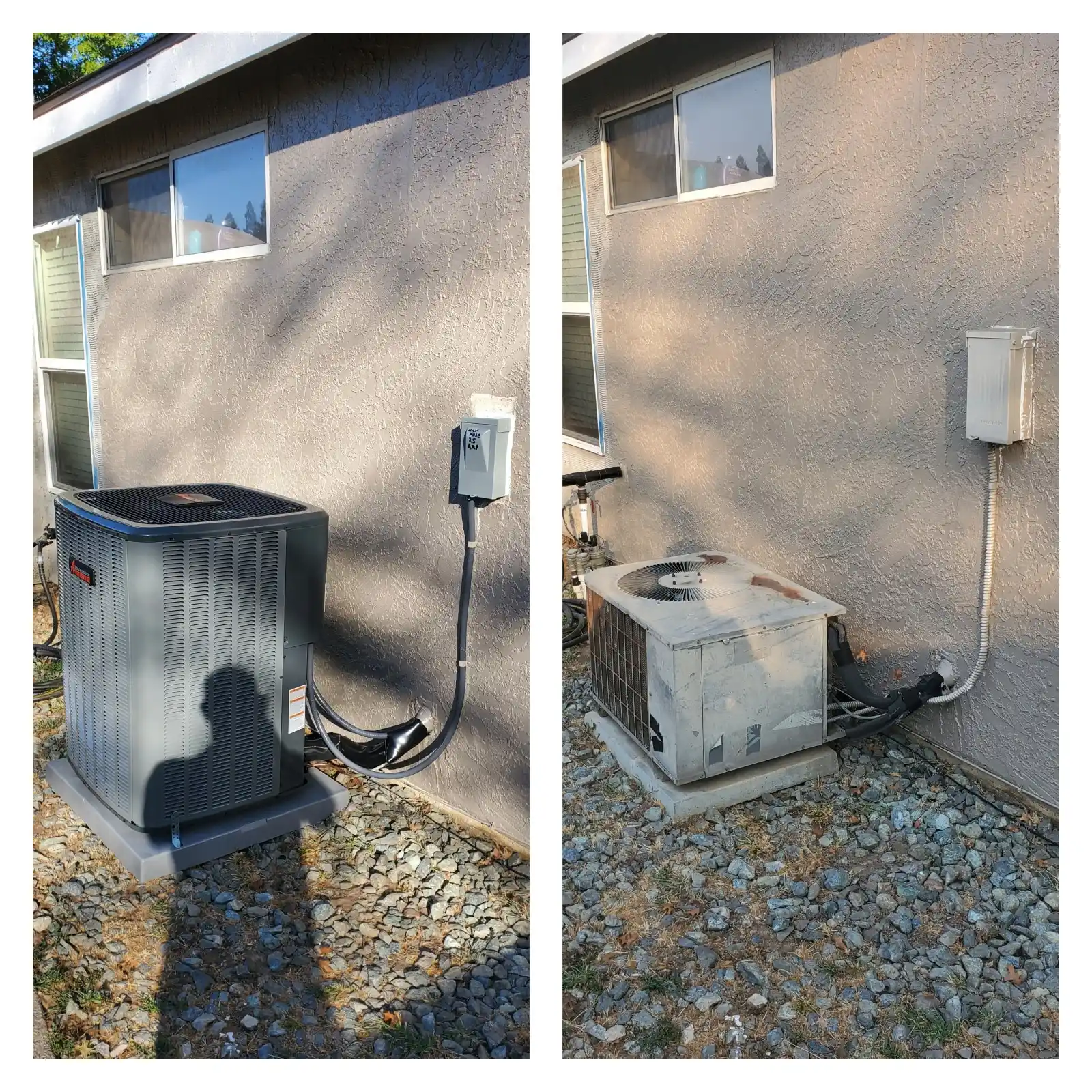 side-by-side comparison showing the replacement of an old air conditioner unit. The left panel shows a new, dark grey, rectangular air conditioning condenser unit installed on a grey pad, connected to a grey electrical disconnect box on a beige stucco wall. The right panel shows the old, dirty, and worn white cubic unit it replaced, which was connected to the same disconnect box. The units are placed on a bed of small gravel beneath two horizontal windows.