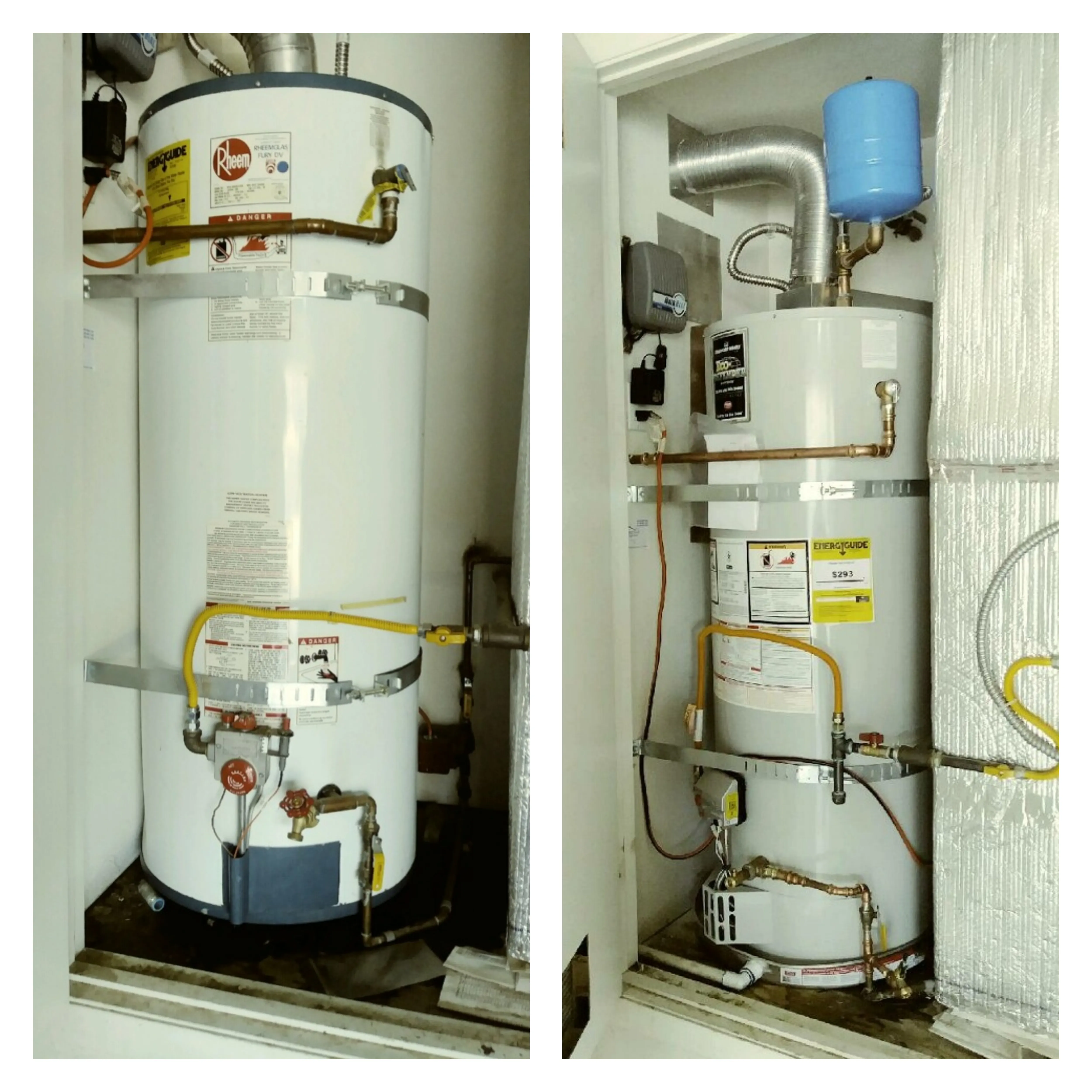 Side-by-side comparison of a water heater installation; left showing an older unit, right showcasing a new one with an expansion tank