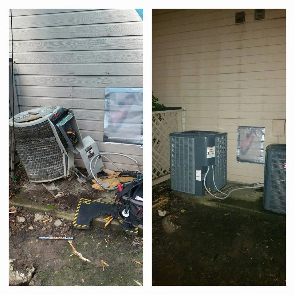 A side-by-side comparison showing an old, uninsulated furnace/air handler (left) and a newly installed, insulated unit (right) in a basement or closet