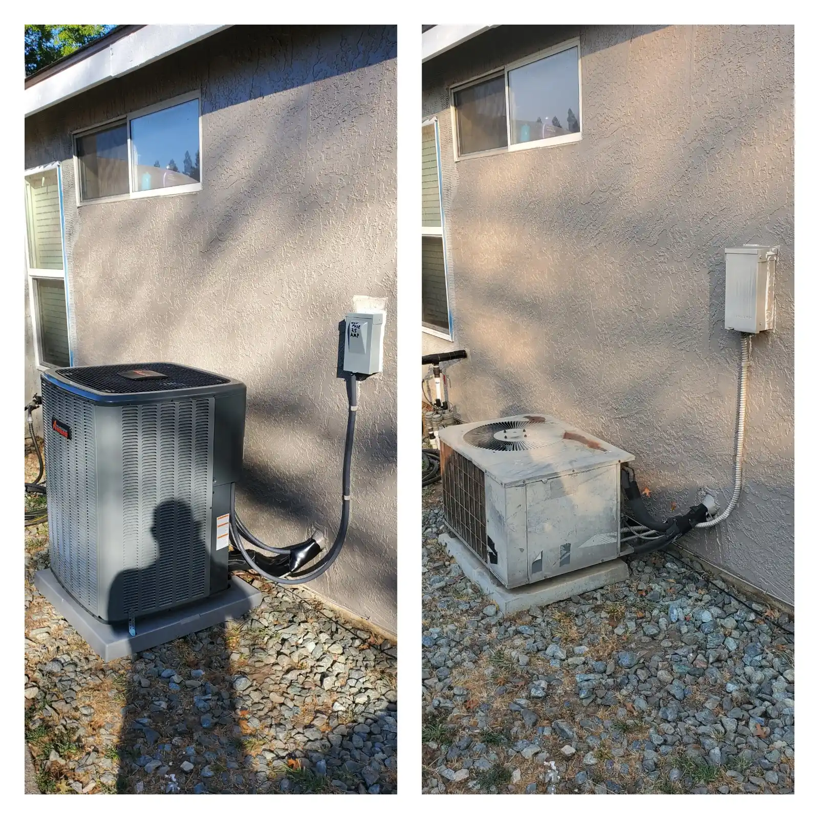 A split image showing the replacement of an outdoor air conditioning condenser unit. The left side features a new, tall, dark gray, square HVAC unit (likely a high-efficiency Goodman) installed and connected to the house. The right side shows the old, shorter, white, and corroded unit it replaced. Both units are situated on a gray pad against a textured stucco wall next to a window, with a white electrical disconnect box mounted above.