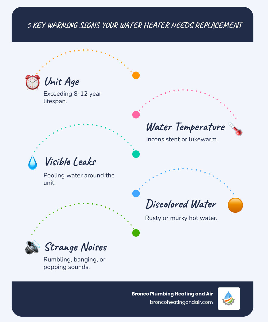 Infographic showing five key warning signs your water heater needs replacement: 1. Unit is 8-12 years old or older, 2. Inconsistent or lukewarm water temperature, 3. Visible leaks or water pooling around the base, 4. Rusty or discolored water from hot taps, 5. Rumbling, banging, or unusual noises from the tank - water heater installation sacramento ca infographic infographic-line-5-steps-blues-accent_colors