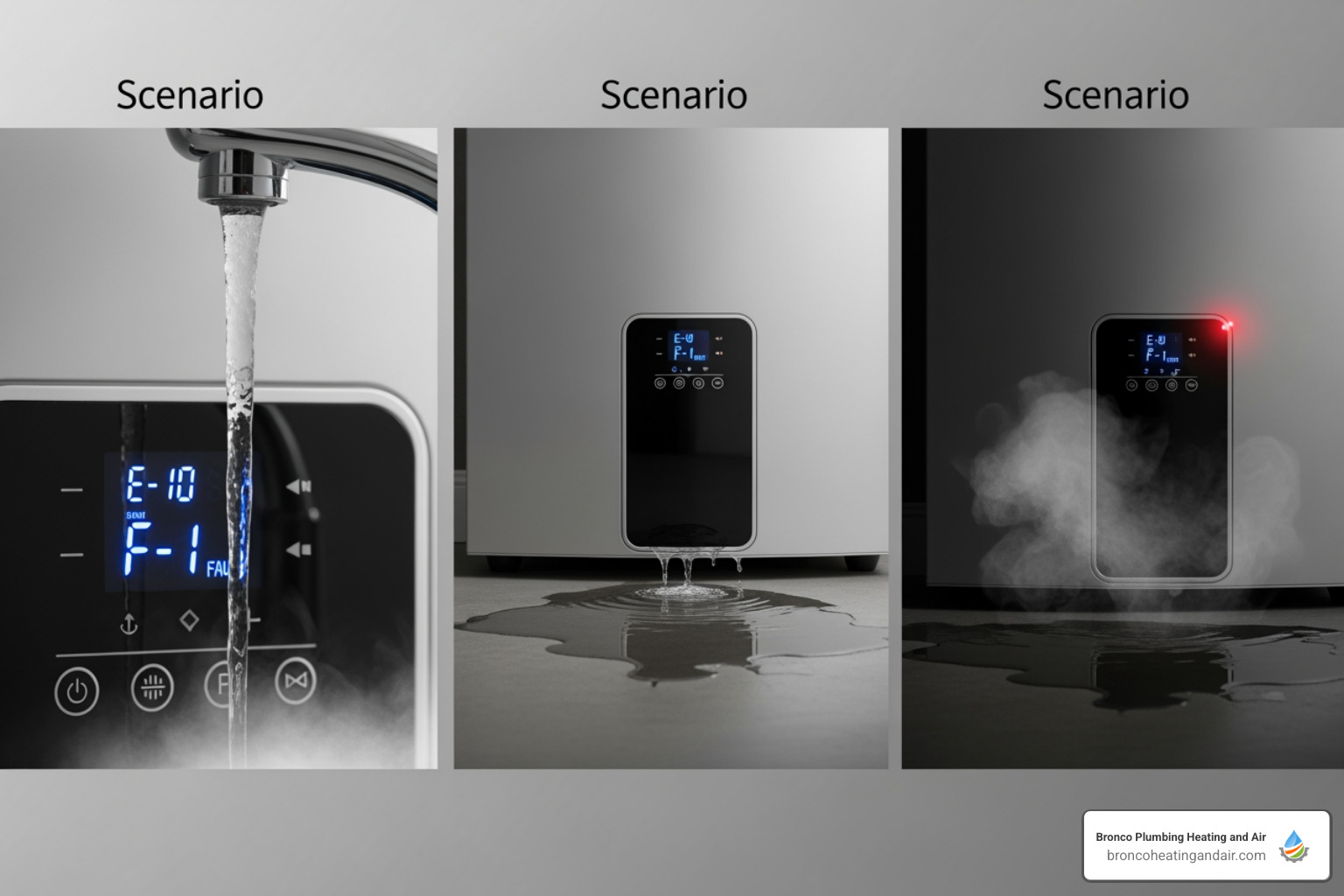 Infographic showing three critical tankless water heater emergency signs: 1) Complete loss of hot water with error codes displayed, 2) Visible water leaks pooling around the unit base, 3) Strong gas odor or unusual burning smell near the heater, each with a red alert icon and immediate action steps - emergency tankless water heater in sacramento, ca