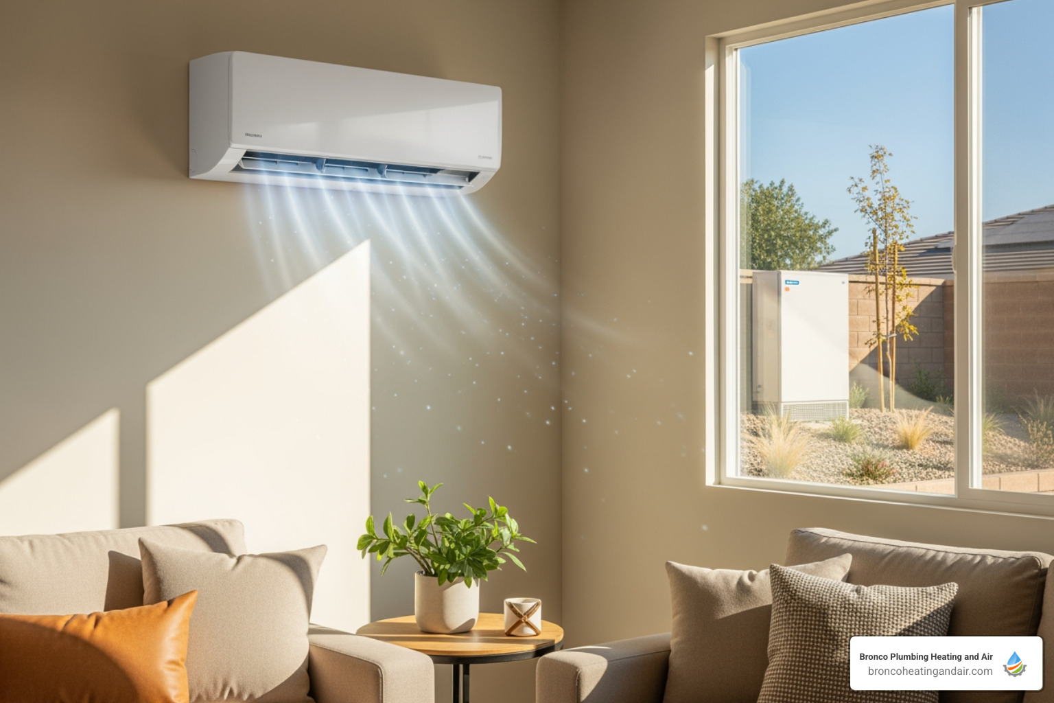infographic showing ductless heating system components: outdoor compressor unit connected via refrigerant lines to indoor wall-mounted air handler, with callouts explaining heat pump technology and no ductwork required - ductless heating roseville ca