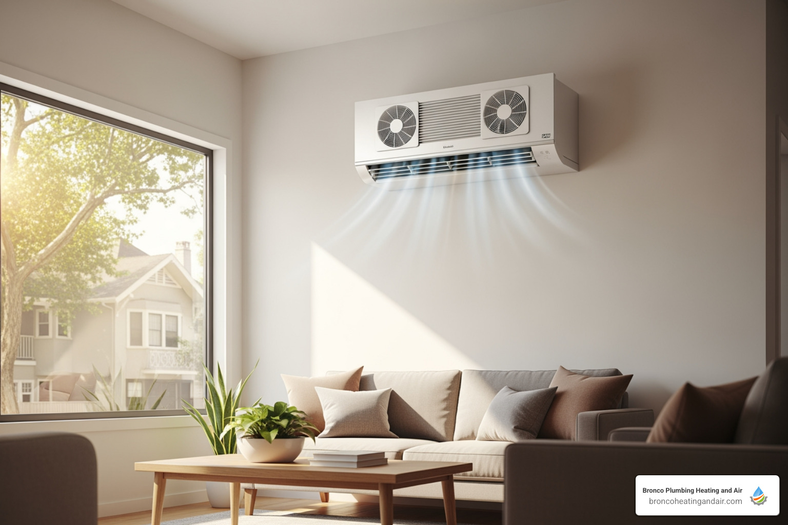 infographic showing outdoor compressor unit connected to multiple indoor air handlers via refrigerant lines, illustrating how ductless systems work with callouts for energy efficiency, zone control, and year-round heating and cooling capabilities - ductless heating sacramento ca