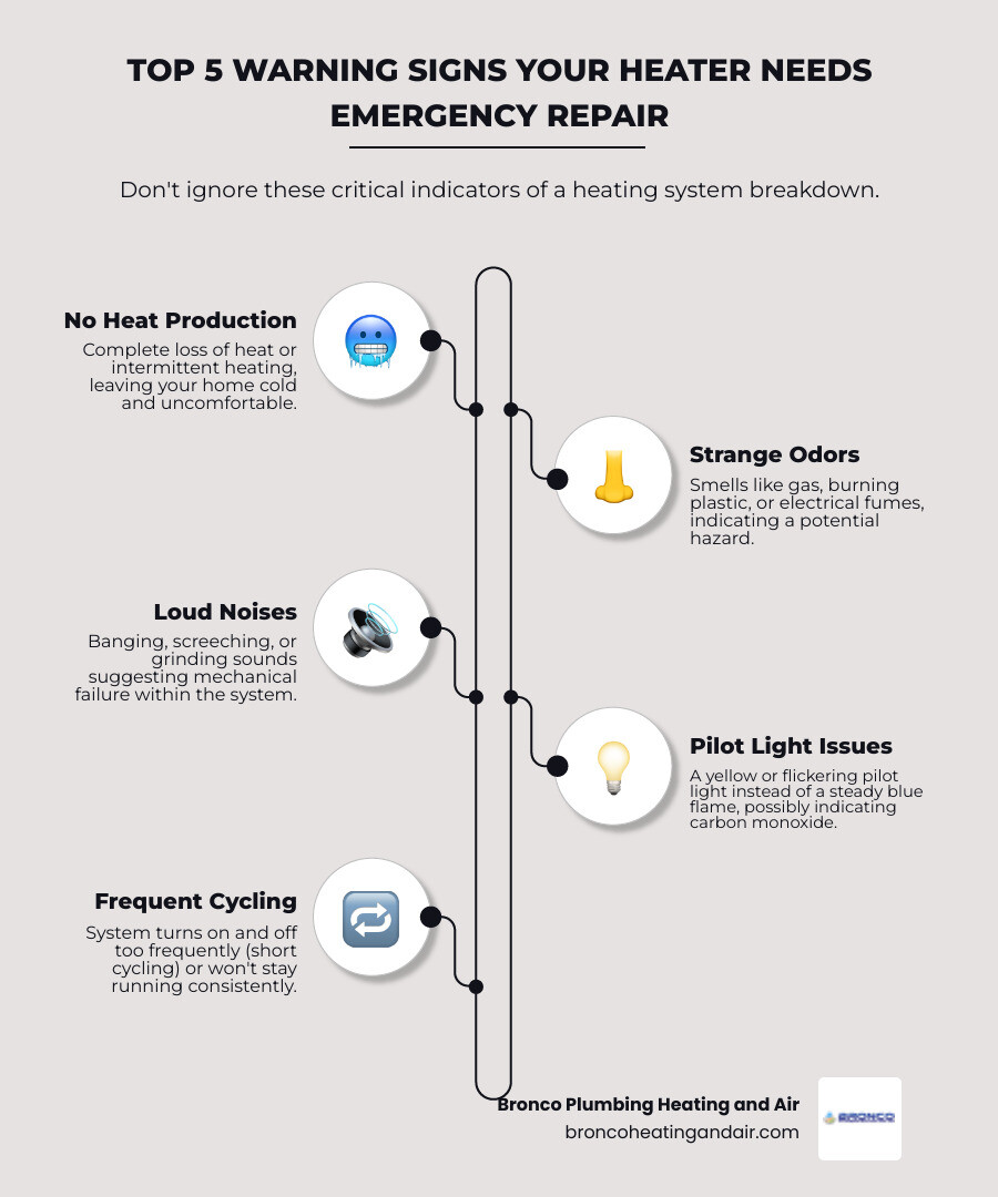 Infographic showing the top 5 warning signs your heating system needs emergency repair: 1) Complete loss of heat or intermittent heating, 2) Strange odors like gas, burning plastic, or electrical smells, 3) Loud banging, screeching, or grinding noises, 4) Yellow or flickering pilot light instead of steady blue flame, 5) Frequent on-off cycling or system won't stay running - 24 hour heating repair in roseville, ca infographic infographic-line-5-steps-elegant_beige