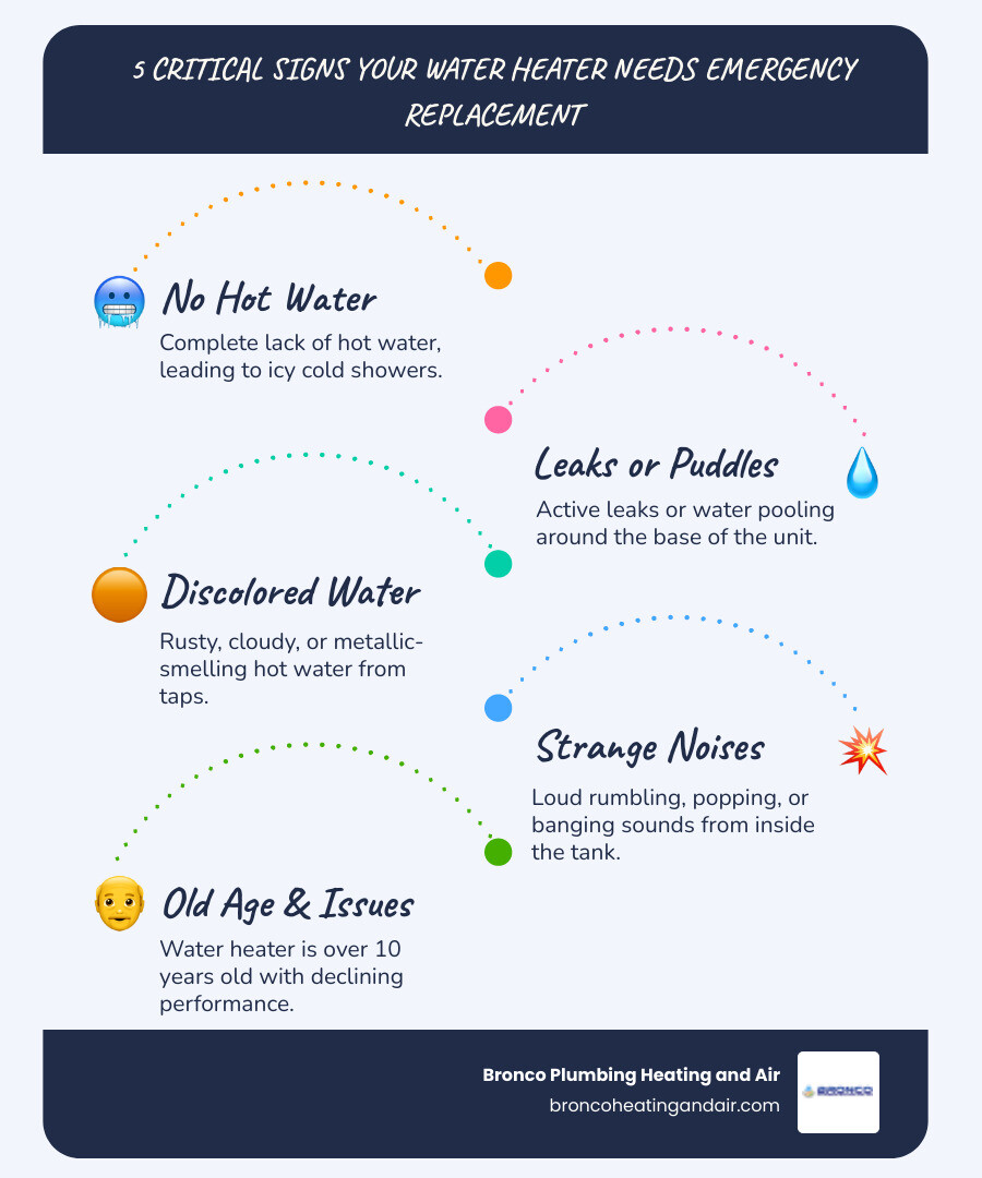 infographic showing five critical signs requiring immediate water heater replacement: no hot water at all, active leaking or pooling water around the base, rust-colored or cloudy water from taps, loud rumbling or banging noises from the tank, and a water heater over 10 years old showing any performance issues - emergency water heater replacement in sacramento, ca infographic infographic-line-5-steps-blues-accent_colors