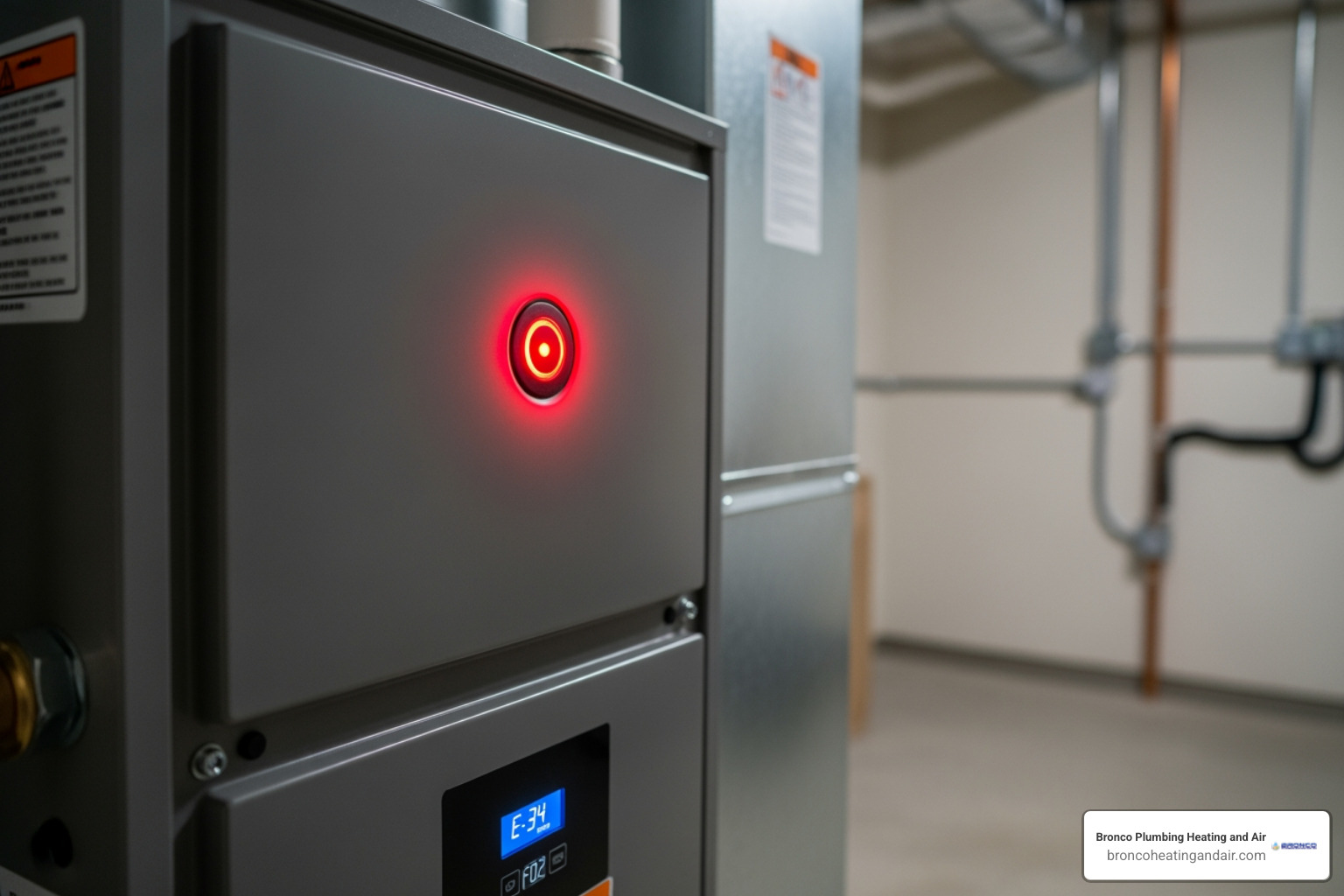 infographic showing five critical emergency furnace warning signs including no heat production, gas odor requiring immediate evacuation, carbon monoxide detector alarm, loud banging or screeching sounds, and yellow flickering pilot light, with corresponding safety actions for each - 24 hour furnaces in sacramento, ca