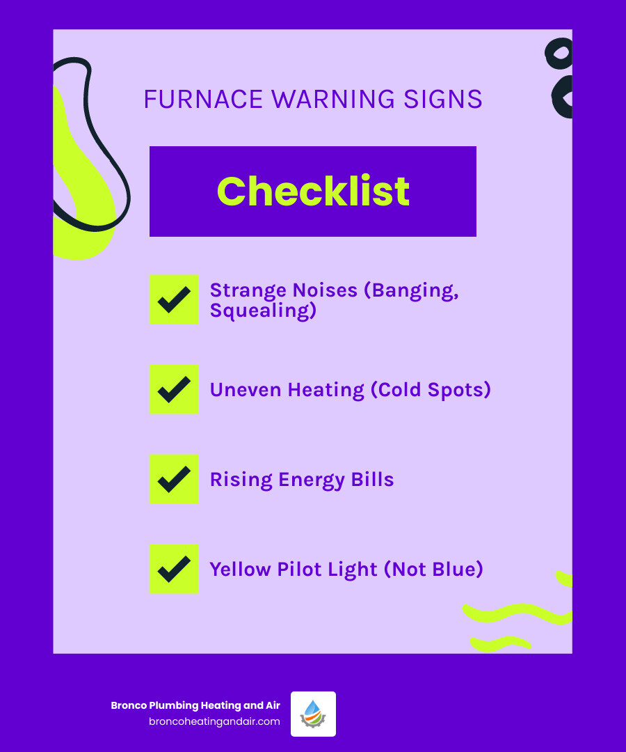 infographic showing 5 warning signs your furnace needs professional service: strange noises like banging or squealing, uneven heating throughout the home, unexplained increase in energy bills, frequent on-off cycling, and yellow pilot light flame instead of blue - furnaces roseville ca infographic checklist-fun-neon