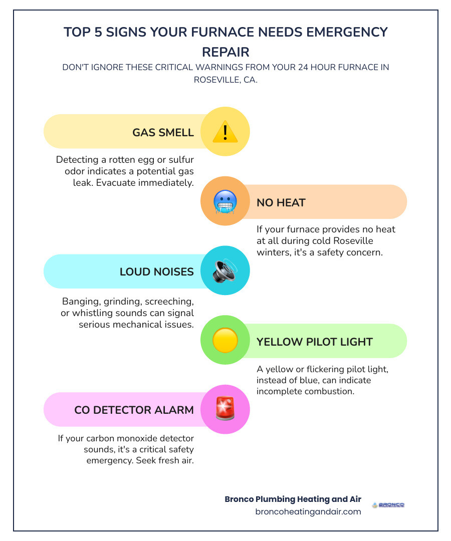 Infographic showing the top 5 signs your furnace needs emergency repair: gas smell or rotten egg odor, no heat at all during cold weather, loud banging or grinding noises, yellow or flickering pilot light instead of blue, and carbon monoxide detector alarm activation - 24 hour furnaces in roseville, ca infographic infographic-line-5-steps-colors