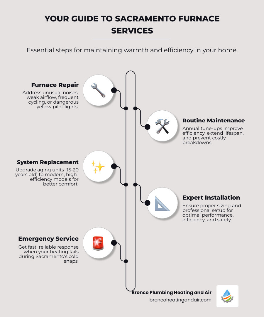 infographic showing key furnace services for Sacramento homeowners including repair signs, maintenance benefits, efficiency ratings, and proper sizing considerations - furnaces sacramento ca infographic infographic-line-5-steps-elegant_beige