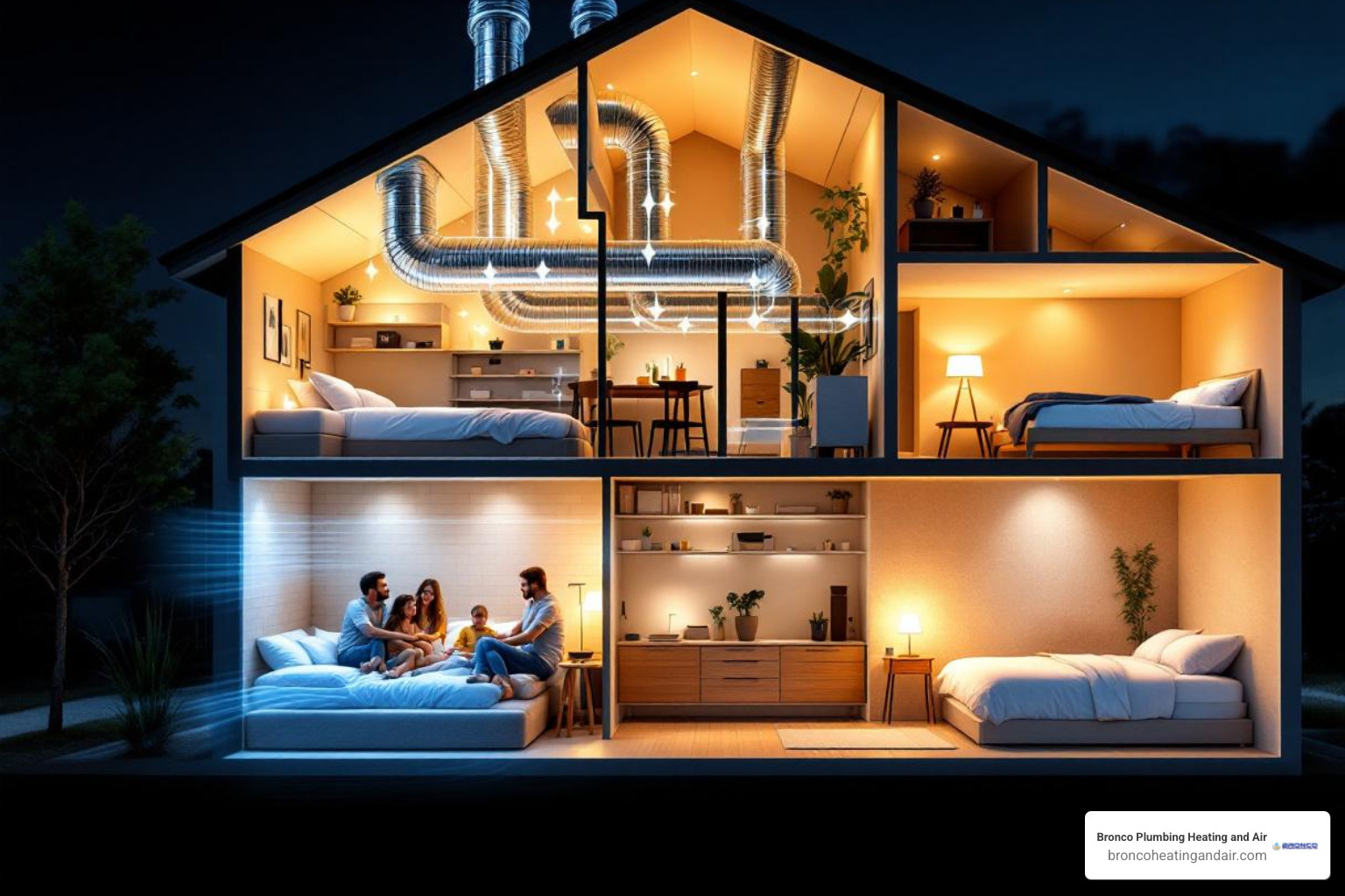 infographic showing cross-section of home with ductwork, zone dampers in different positions, multiple thermostats controlling separate areas, and arrows indicating directed airflow to occupied rooms while bypassing unused spaces - zone control system sacramento ca infographic showing cross-section of home with ductwork, zone dampers in different positions, multiple thermostats controlling separate areas, and arrows indicating directed airflow to occupied rooms while bypassing unused spaces - zone control system sacramento ca