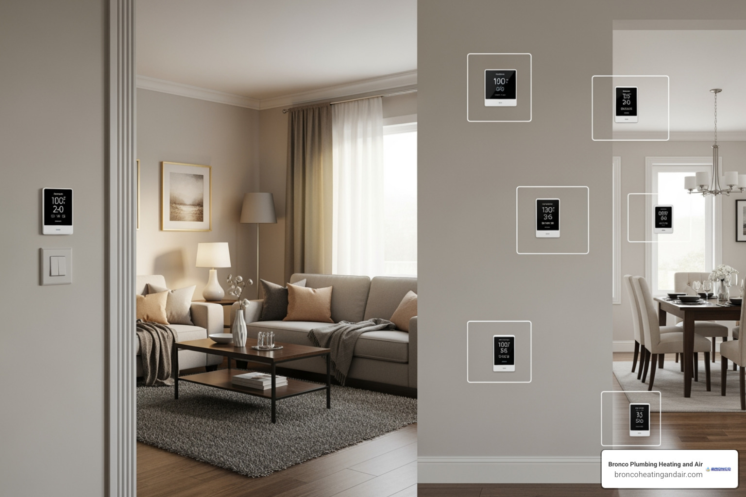infographic showing a traditional single-zone HVAC system on the left with one thermostat controlling the entire home, and a multi-zone system on the right with multiple thermostats controlling different areas, with arrows indicating independent temperature control and energy savings - home zone control system in sacramento, ca