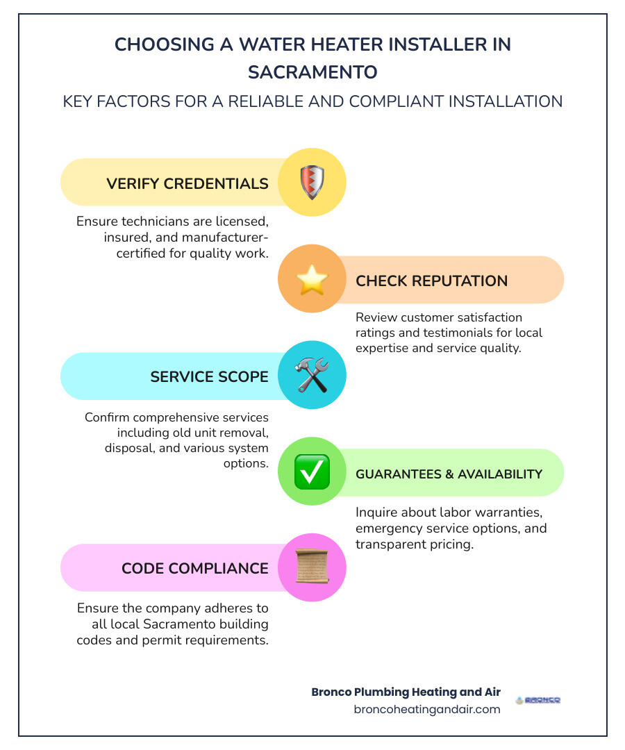 infographic showing key factors when selecting a water heater installation company in Sacramento: verify licensing and insurance, check customer reviews and ratings, confirm local service area coverage, ask about equipment warranty coverage, inquire about emergency service availability, ensure removal of old unit is included, and verify compliance with Sacramento building codes - "Find companies that offer water heater installation in Sacramento, CA." infographic infographic-line-5-steps-colors