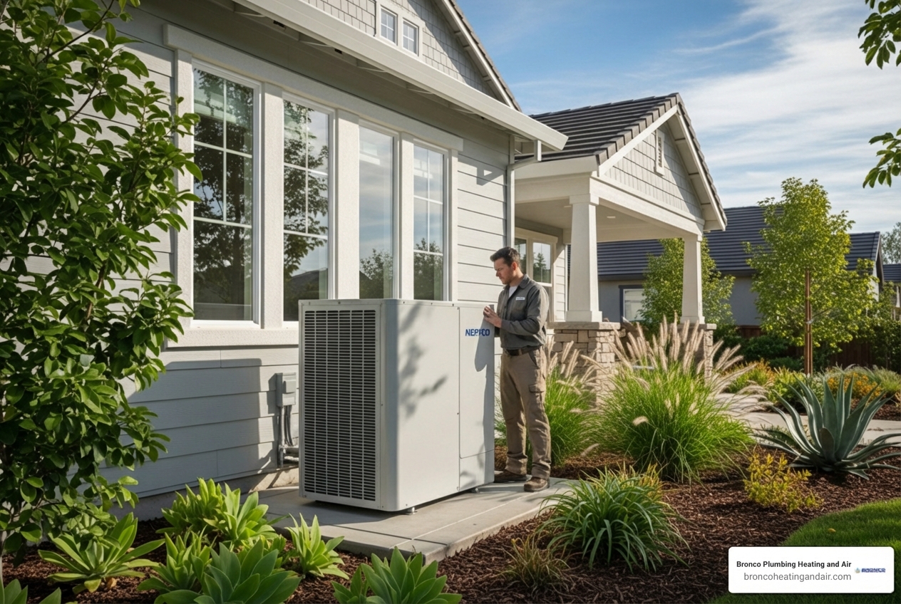 Infographic showing how heat pumps provide both heating and cooling by transferring heat between indoor and outdoor units, with labeled components including compressor, refrigerant lines, air handler, and outdoor unit, plus efficiency benefits and year-round operation - heat pumps contractors in folsom, ca Infographic showing how heat pumps provide both heating and cooling by transferring heat between indoor and outdoor units, with labeled components including compressor, refrigerant lines, air handler, and outdoor unit, plus efficiency benefits and year-round operation - heat pumps contractors in folsom, ca