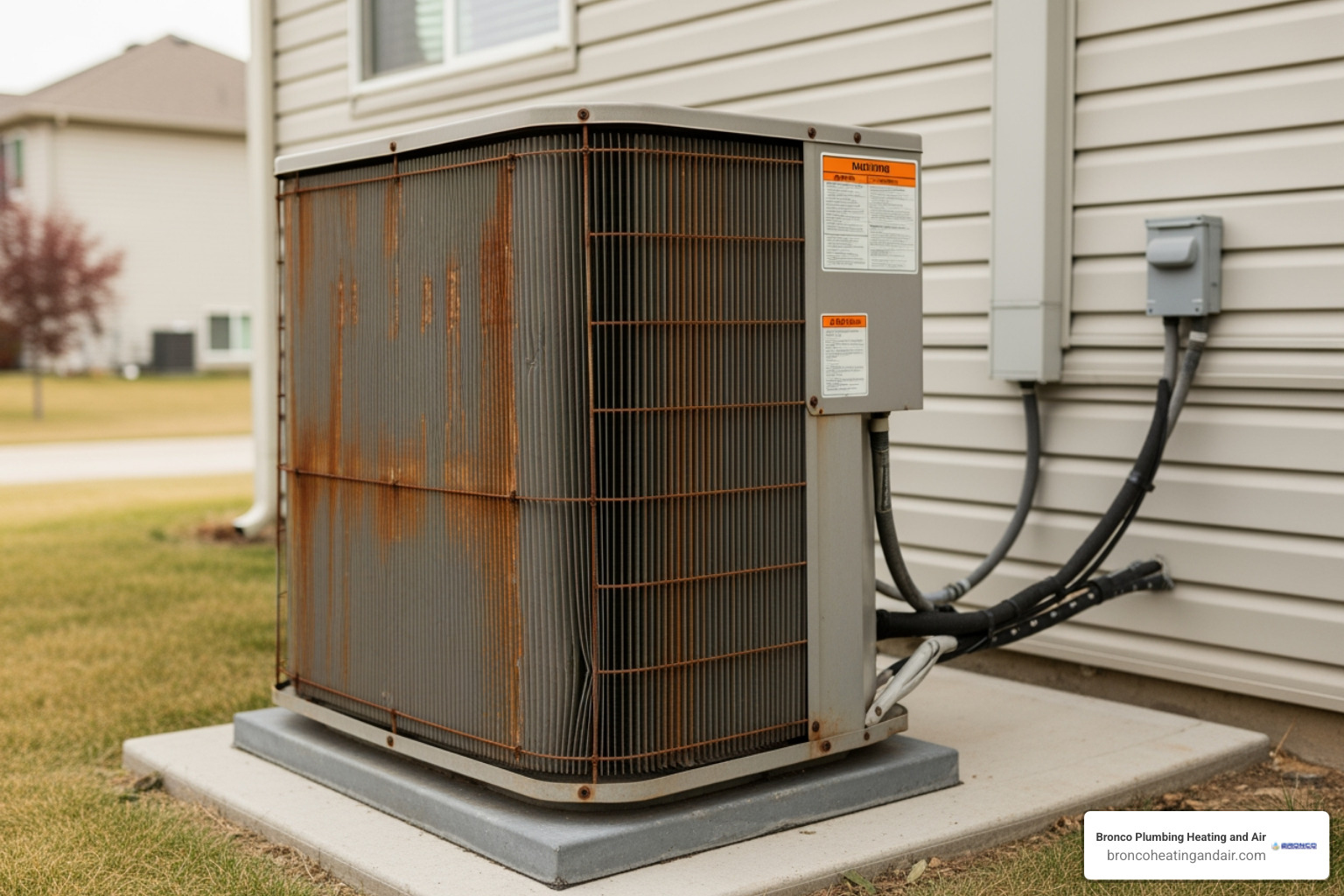 an aging outdoor air conditioning condenser with rusted panels and bent fins sitting on a concrete pad - ac installation sacramento ca