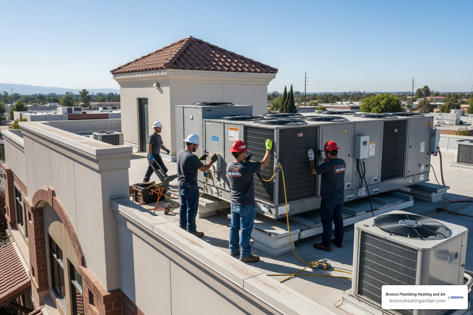 crane lifting a large commercial HVAC unit onto a flat roof - commercial ac installation in antelope, ca