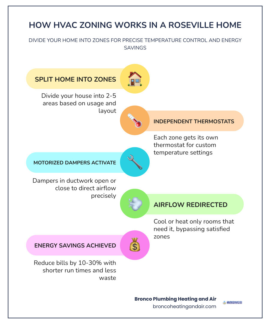 How HVAC zoning works in a Roseville home - infographic showing zones, dampers, and thermostats - affordable zone control