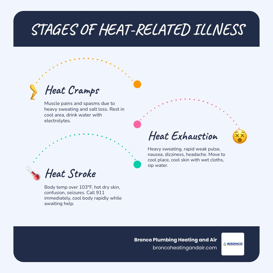 Infographic showing stages of heat-related illness from heat cramps to heat exhaustion to heat stroke with symptoms and Infographic showing stages of heat-related illness from heat cramps to heat exhaustion to heat stroke with symptoms and