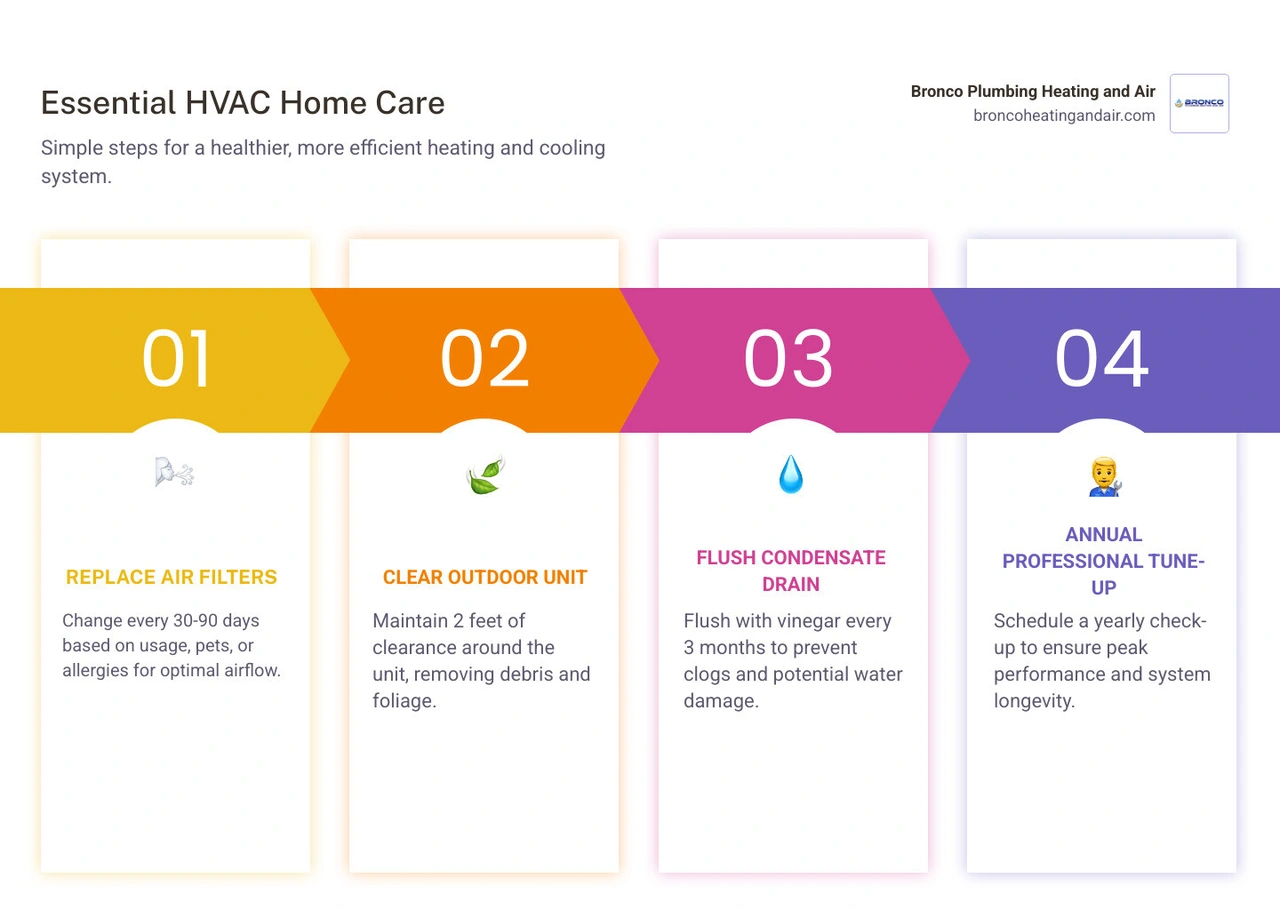 Infographic showing key HVAC maintenance tips for homeowners including filter changes, outdoor unit care, drain line