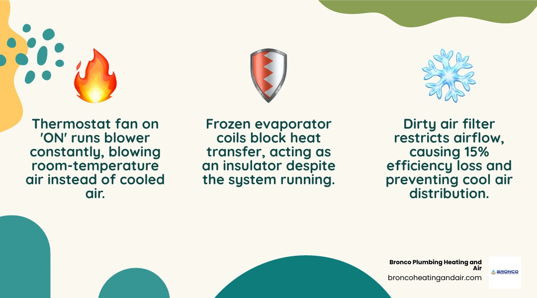 Common reasons AC runs but does not cool the house - diagnostic infographic for homeowners - why is my ac running but not