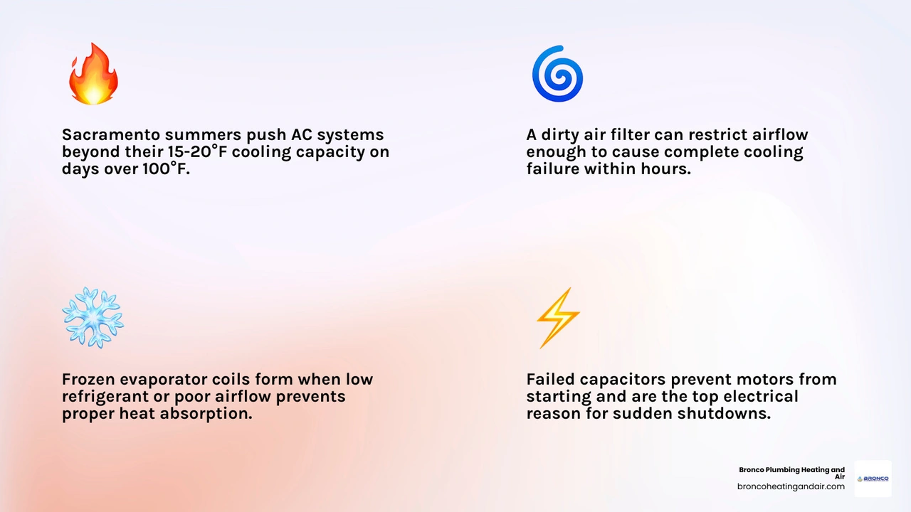 Infographic showing 7 common reasons AC stops cooling in extreme heat with icons for each cause infographic