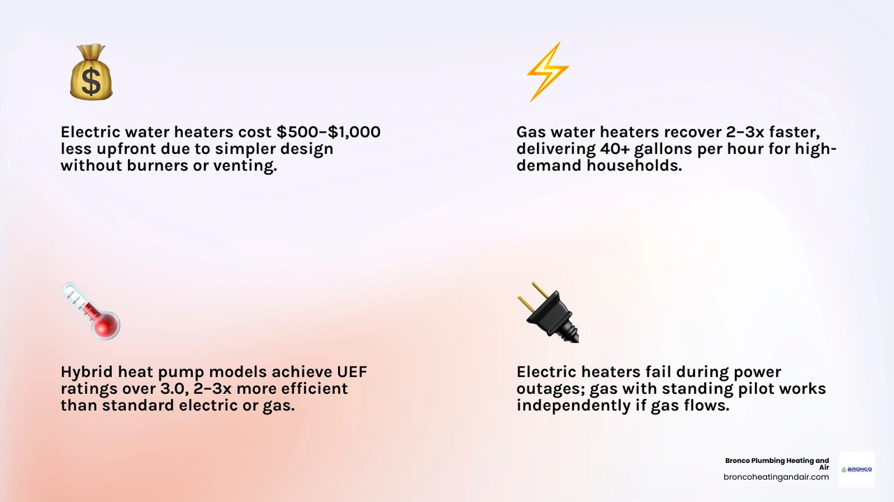 infographic comparing gas vs electric water heater: upfront cost, efficiency, recovery rate, lifespan, and best use case