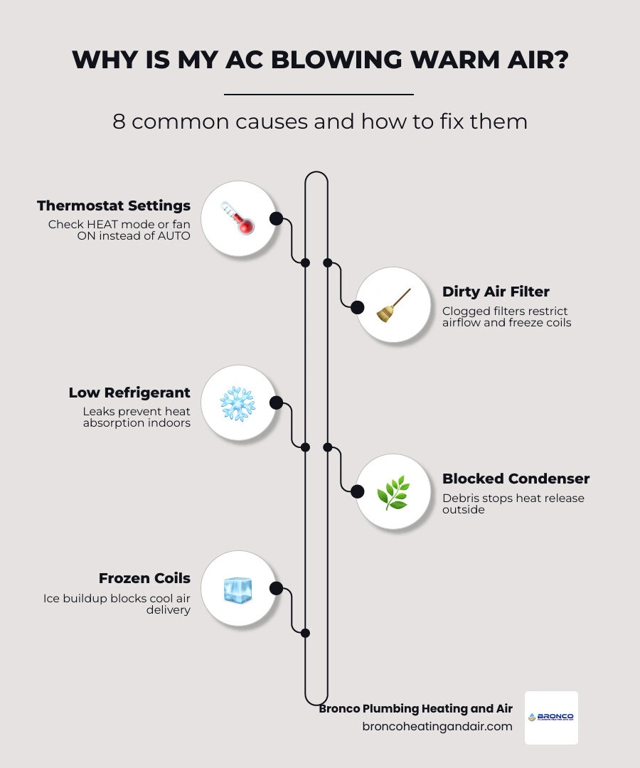Infographic showing 8 common causes of AC blowing warm air and quick DIY vs professional fixes infographic