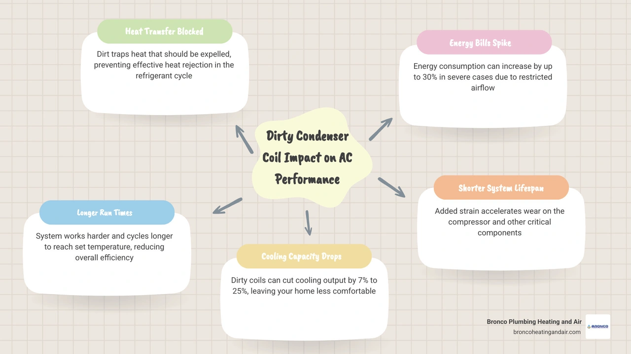 Infographic showing dirty vs clean condenser coil impact on AC cooling capacity, energy use, and system lifespan infographic